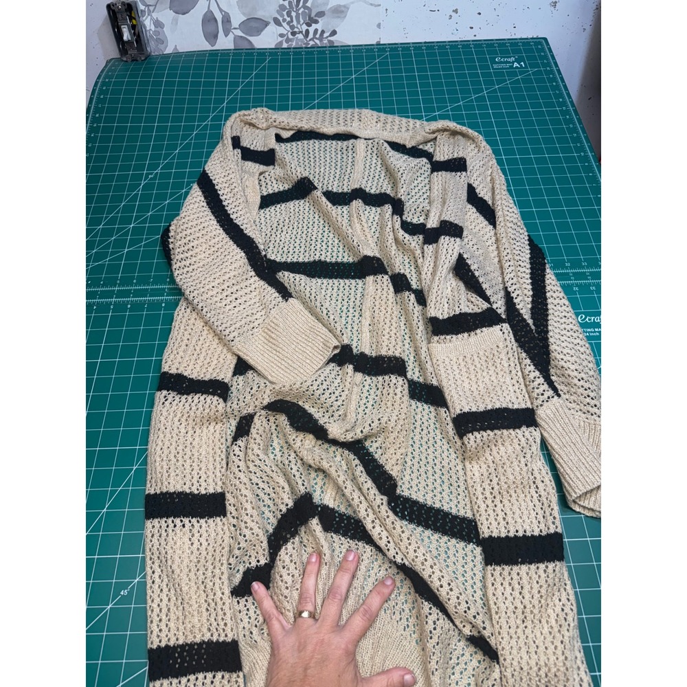 Grace & Lace Tan Black Striped Pointelle Knit Open Front Cardigan L/XL Boho Mesh